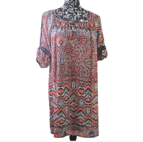 FOCUS Studio Bohemian Print Dress in Orange and Blue, Off Shoulder, Size 8 - Picture 5 of 6